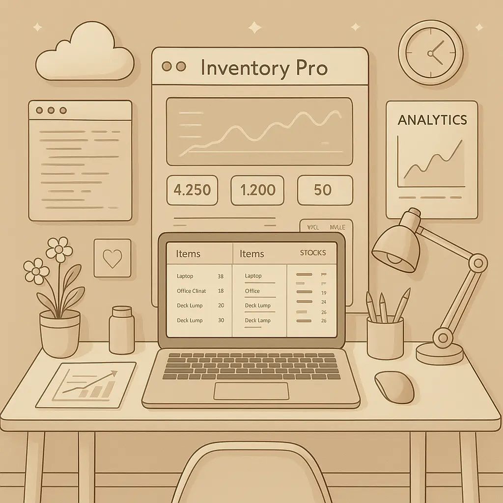 Een strak vormgegeven interface voor voorraadbeheer met grafieken, artikelenlijsten en analyses in een overzichtelijke werkruimte.