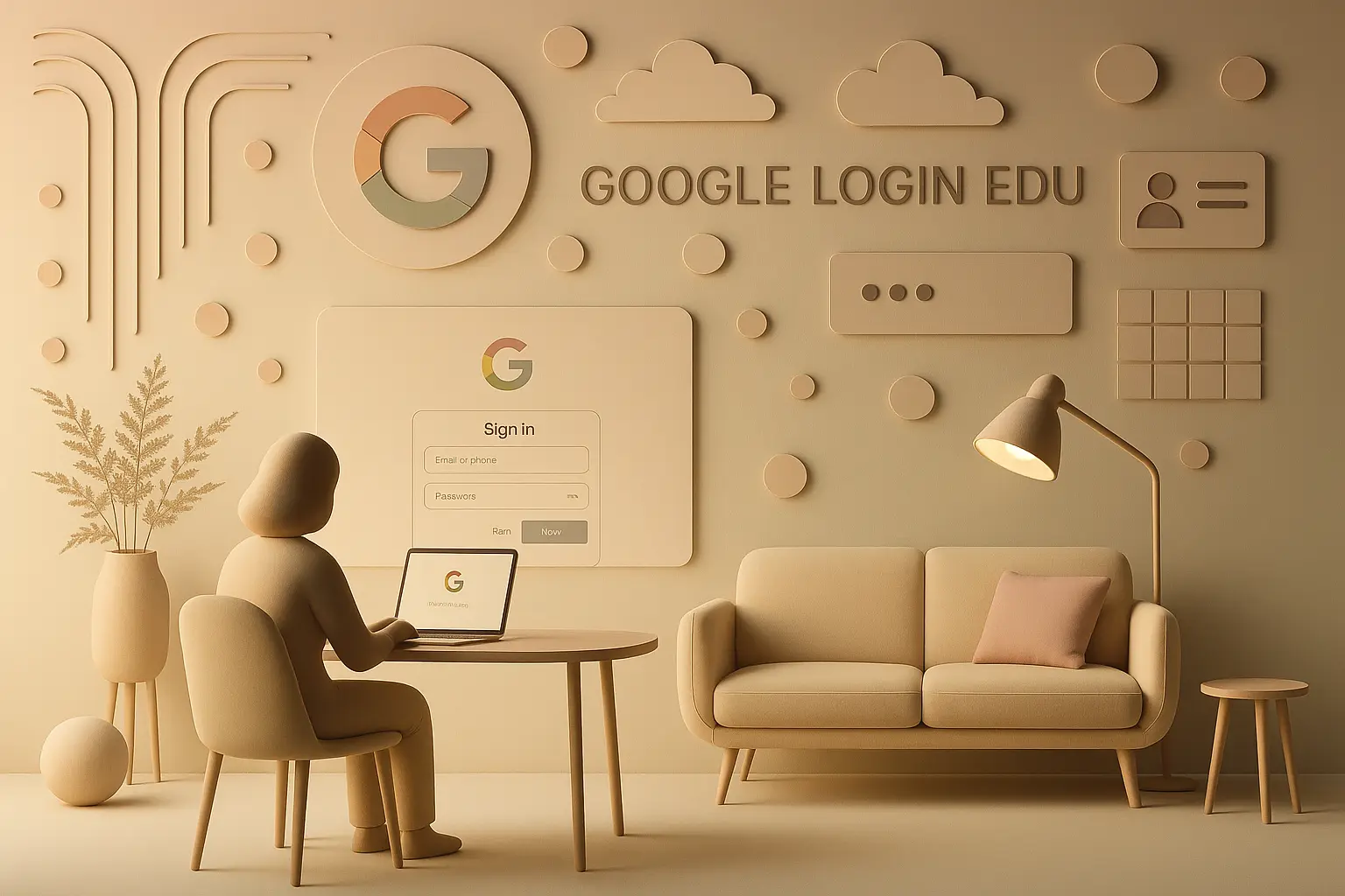 Een gebruiksvriendelijke Google Login EDU-interface weergegeven op een laptop, met warme belichting en educatieve UI-elementen in een moderne werkruimte.