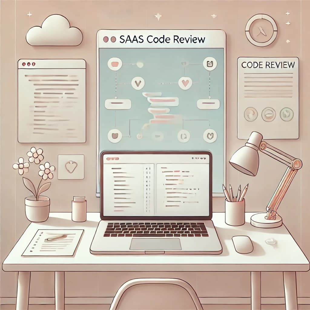 Een rustige werkruimte met een ontwikkelaar die code beoordeelt op een laptop, omringd door zachte tinten en subtiele tech-elementen.